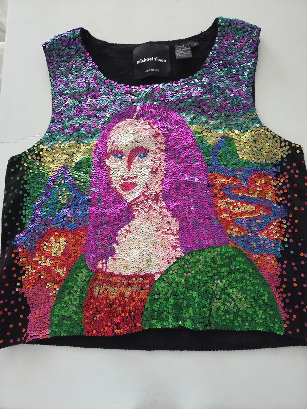 Vintage Y2K Michael Simon Sequin Mona Lisa Sweater Vest Size M Art Wear 2000
